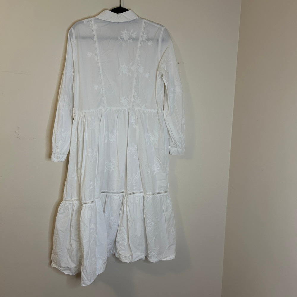Zara White Floral Embroidered Cotton Tiered Midi Shirt Dress Long Sleeve L - Picture 7 of 10